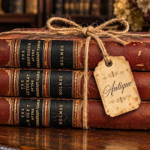 May include: A stack of three antique books with worn brown leather covers and black spines featuring gold lettering. The books are tied together with brown twine and a beige paper tag with the word Antique printed in black script.