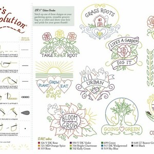 Pu&ograve; includere: Un foglio di carta con istruzioni per i punti di ricamo e una collezione di 12 disegni di ricamo a tema giardino. I disegni includono frasi come "Mettere radici", "La vita &egrave; un giardino", "Pensa verde" e "Giardino comunitario".
