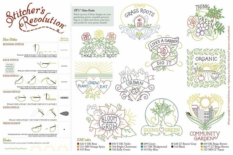 Pu&ograve; includere: Un foglio di carta con istruzioni per i punti di ricamo e una collezione di 12 disegni di ricamo a tema giardino. I disegni includono frasi come "Mettere radici", "La vita &egrave; un giardino", "Pensa verde" e "Giardino comunitario".