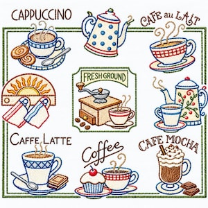 May include: An embroidery design featuring coffee-themed motifs including cups, teapots, a grinder, and a cupcake. Text labels include CAPPUCCINO, CAFE au LAIT, FRESH GROUND, CAFFE LATTE, Coffee, and CAFE MOCHA. The design uses blue, red, and brown thread.