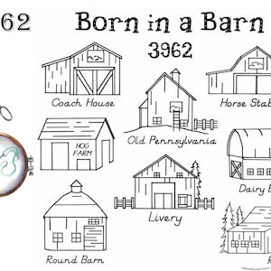 Born in a Barn, 3962, Aunt Martha&#39;s®, Vintage Embroidery, Transfer Pattern, Hot Iron Transfers, Uncut, Barns to Embroider
