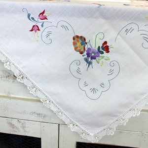 Small Linen Tablecloth,  Hand Embroidered, Exquisitely Embroidered, White Table Cloth, Needle Lace Edging 16758