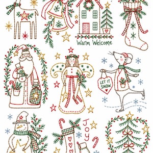 May include: A collection of Christmas-themed embroidery patterns featuring a reindeer, bells, a house with the text Warm Welcome, a stocking, Santa Claus, an angel, a mouse holding a sign with the text LET IT SNOW, a snowman, and a tree.