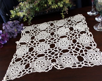 14 Inch Square, Crochet Doily or Centerpiece in Light Cream Thread, Hand Crocheted - 17667