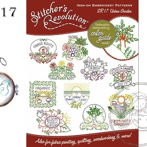 Pu&ograve; includere: Un set di 10 motivi da ricamo termoadesivi con tema giardino urbano. I disegni includono frasi come "Grass Roots", "Think Green", "Urban", "Life's a Garden", "Dig It", "Organic", "Plant Grow Eat", "Bloom and Grow", "Going Green" e "Community Gardens".
