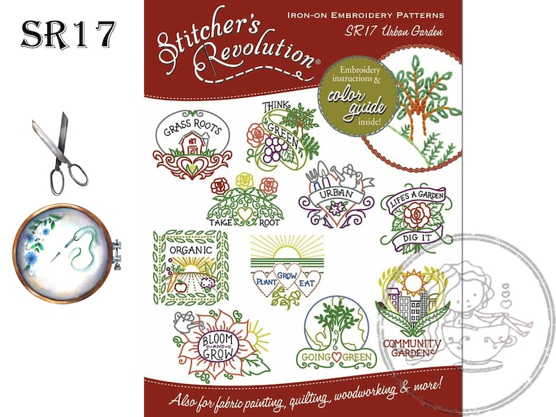 Pu&ograve; includere: Un set di 10 motivi da ricamo termoadesivi con tema giardino urbano. I disegni includono frasi come "Grass Roots", "Think Green", "Urban", "Life's a Garden", "Dig It", "Organic", "Plant Grow Eat", "Bloom and Grow", "Going Green" e "Community Gardens".