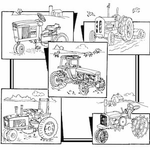 May include: Black and white line drawing illustration of five different tractors. The tractors are in various sizes and styles, with some having wheels and others having tracks. The tractors are all in a field setting, with some having a farmhouse in the background.