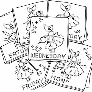 May include: A collection of white fabric towels featuring black cross-stitch embroidery patterns. Each towel displays a figure performing a daily task, with the corresponding day of the week labeled as Wednesday, Saturday, Friday, and Mon.