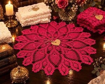 Rich Pink Pineapple Doily, Hand Made in 100% Cotton, Vintage Style 18875