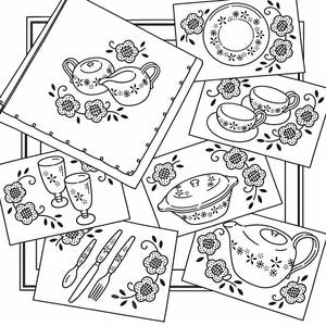 May include: A collection of black and white line art illustrations featuring kitchenware and tableware. The drawings depict a sugar bowl, creamer, plates, teacups, glasses, a covered casserole dish, a teapot, and cutlery, all decorated with floral motifs.