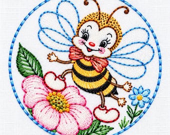 Aunt Martha’s 3681 The Busy Bee, Embroidery Transfer Pattern, Cute Bee Motifs, Hot Iron Transfers, Vintage Needlework