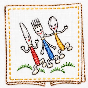 May include: A white fabric square featuring an embroidered design of a knife, fork, and spoon with anthropomorphic faces, arms, and legs. The knife has a red handle, the fork a blue handle, and the spoon a yellow handle, all standing on green grass.