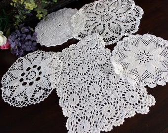 5 Vintage Crochet Doilies, White Mix, Handmade Placemats, Doily Lot 17647