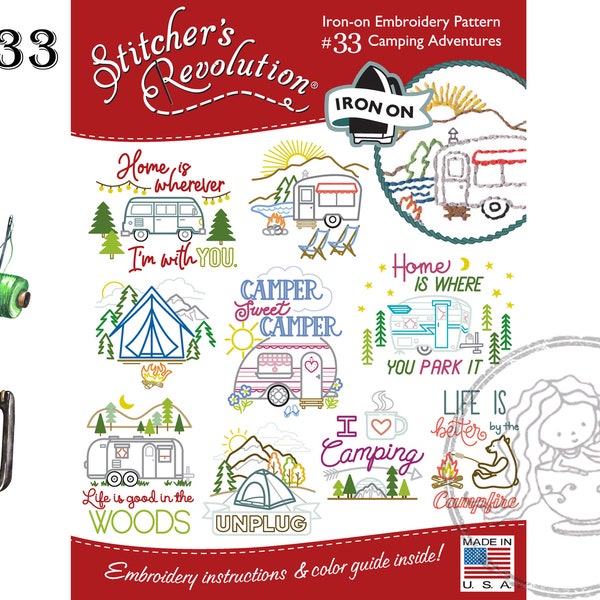 Stitcher's Revolution, SR33, Camping Adventures, NEW Transfer Pattern, Hot Iron Transfers, Uncut, Unopened Transfers