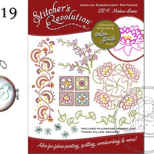May include: Iron-on embroidery patterns for modern linens, featuring a variety of floral designs, including water lilies, ginkgo leaves, and a border design. The pattern set includes instructions and a color guide. The text "SR19 Modern Linens" is visible on the image.