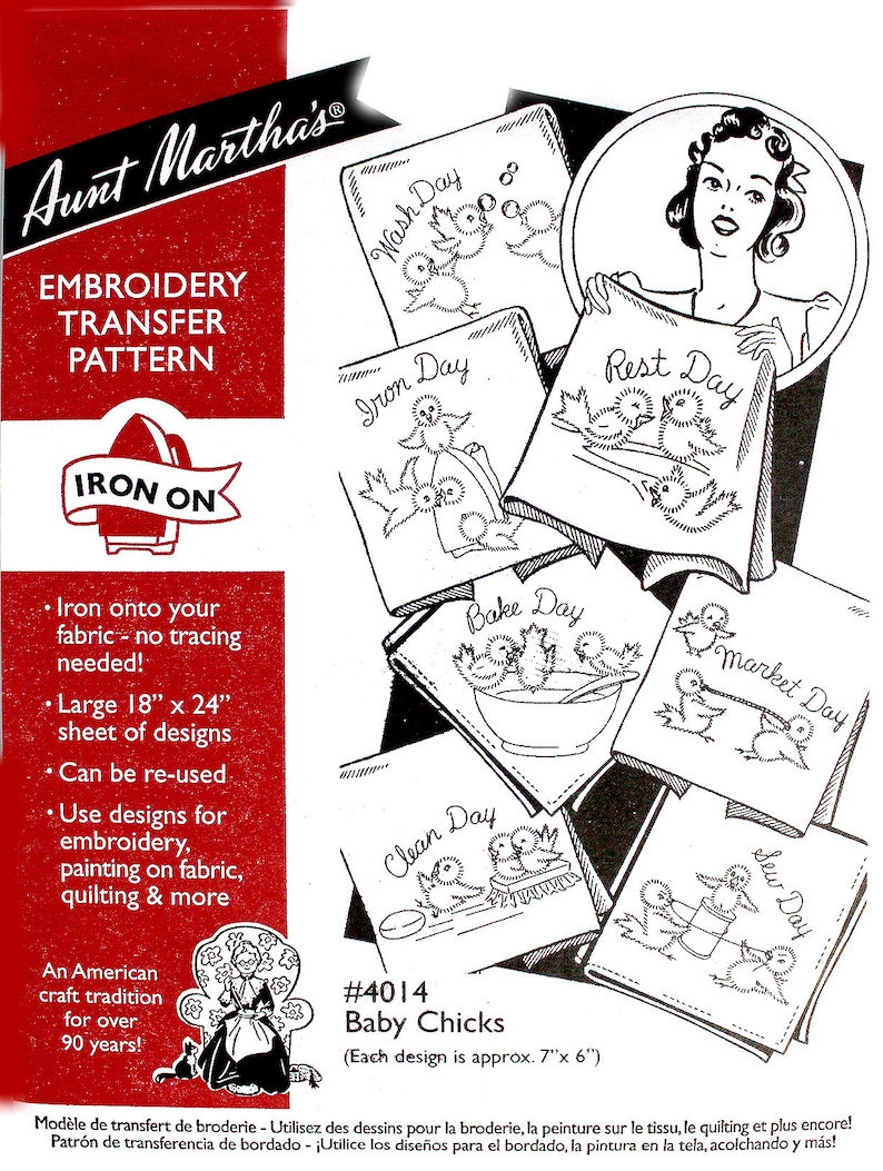May include: Aunt Martha's embroidery transfer pattern #4014 Baby Chicks featuring a 46 cm by 61 cm sheet of iron-on designs. The black and white illustrations depict chicks performing daily tasks labelled Wash, Iron, Rest, Bake, Market, Clean, and Sew Day.