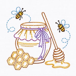May include: An embroidery design featuring a honey jar with a purple ribbon, a wooden honey dipper, a honeycomb cluster, and two bees with blue dashed flight paths. The outlines are rendered in yellow, purple, and black thread stitches.