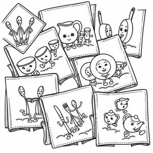 May include: A collection of square fabric napkins featuring black and white line art illustrations of anthropomorphic kitchenware, including spoons, forks, knives, plates, cups, teapots, and pans with smiling faces and limbs.