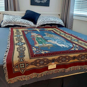 Tapestry Cotton Throw Rug, Woven with Tassels, Nativity Motif, Woven Lap Blanket 18359