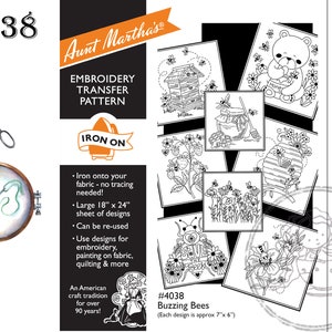 May include: A sheet of iron-on embroidery transfer patterns featuring bees, honeycombs, and flowers. The sheet is 18 inches by 24 inches and includes the text "#4038 Buzzing Bees (Each design is approx 7"x 6")".