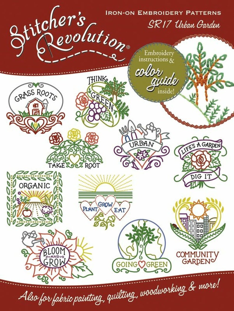 Pu&ograve; includere: Modelli di ricamo termoadesivi a tema giardino urbano. I disegni includono "Grass Roots", "Think Green", "Take Root", "Organic", "Plant Grow Eat", "Urban", "Life's a Garden", "Dig It", "Bloom and Grow", "Going Green" e "Community Garden".