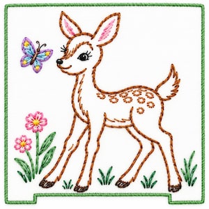 May include: A white fabric square featuring a brown embroidered deer with spots, a colorful butterfly with blue, yellow, and purple wings, and two pink flowers with green stems. The entire design is framed by a green stitched border.