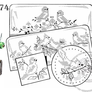 May include: Black and white cross-stitch patterns featuring birds and floral designs. The patterns are arranged on four different shapes: a rectangle, a circle, and two squares. The number 3874 is printed in the top left corner of the image.