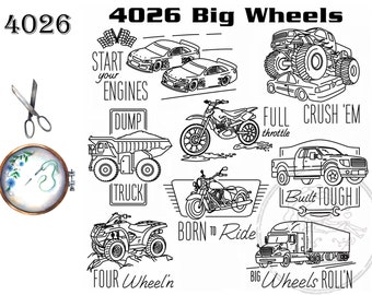 Aunt Martha's 4026, Big Wheels, Transfer Pattern, Hot Iron Transfers, Car Transfers, Fabric Painting Patterns