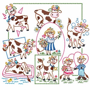 May include: A collection of embroidered cow designs featuring various scenes: a cow with a blue ribbon, a cow with flowers, a cow with bubbles, a cow in a blue frame, a cow on a pool float, a cow with a bell, and two cows holding hands.