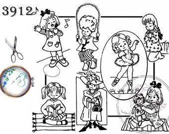 3912, Aunt Martha's® Vintage Embroidery, Transfer Pattern, Hot Iron Transfers, Little Girl, Tea Towels