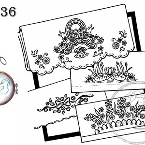 May include: Black and white line art embroidery patterns for a variety of projects. The designs include a basket of flowers, water lilies, and a floral border.