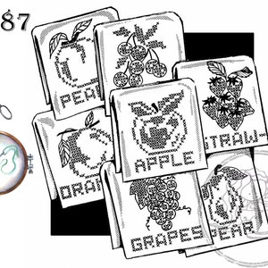 May include: Black and white line art illustration of six different fruit embroidery patterns. The patterns include an apple, pear, grapes, orange, strawberries, and cherries. The text "3787" is in the top left corner of the image.