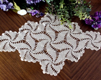 Large Hand Crochet, Diamond-Shaped Doily, Spiral Patterned, Medium Ecru, Vintage Linens 14902