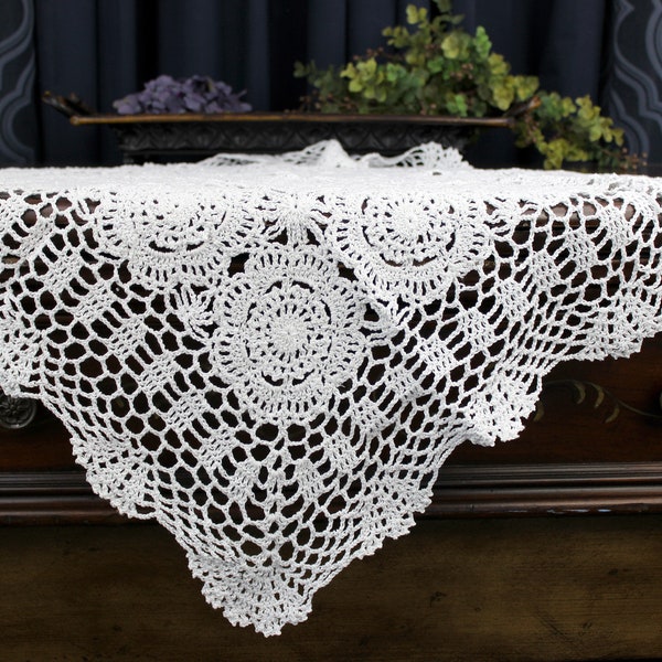 White Crocheted Table Topper, Small Tablecloth, Large Doily 18245