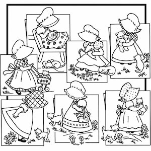 May include: A black and white line art illustration featuring seven distinct scenes of figures wearing bonnets and dresses, interacting with kittens, a teddy bear, a book, a basket of apples, and a small cart in various outdoor settings.