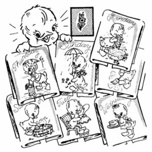 May include: A black and white line art illustration featuring seven individual panels, each depicting a duckling performing a daily task labelled with the days of the week: Monday, Tuesday, Wednesday, Thursday, Friday, Saturday, and Sunday.