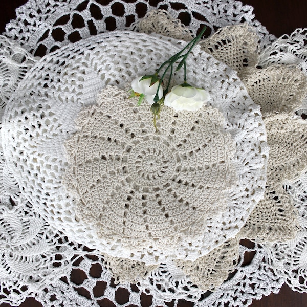 6 Vintage Crochet Doilies, White - Ecru Mix, Handmade Placemats, Doily Lot 18277