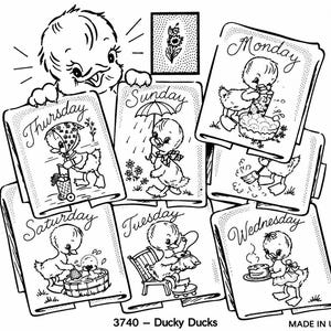 May include: A collection of black and white embroidery patterns featuring cartoon ducklings, each labelled with a day of the week from Monday to Sunday. The designs show ducks performing various activities like bathing, cooking, and walking in the rain.