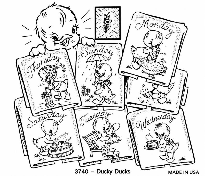 May include: A collection of black and white embroidery patterns featuring cartoon ducklings, each labelled with a day of the week from Monday to Sunday. The designs show ducks performing various activities like bathing, cooking, and walking in the rain.