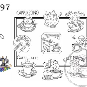 May include: Black and white line art illustration of different types of coffee drinks, including cappuccino, cafe au lait, caffe latte, coffee, and cafe mocha. The illustration includes coffee cups, coffee pots, and other coffee-related items.