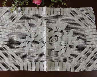 Crochet Centerpiece, Large Filet Crocheted Doily, Hand Made, Ecru Table Topper, Larger Doilies 17218