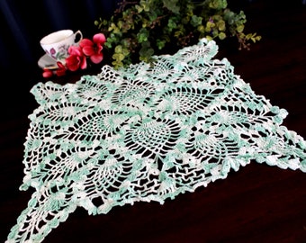 15 Inch Square Crochet Doily or Centerpiece in Variegated Greens, Hand Crocheted, Pineapple Patterned - 18069
