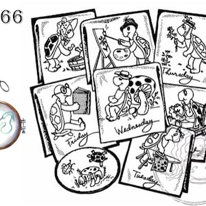 May include: Black and white illustration of a turtle doing different activities for each day of the week. The turtle is wearing a hat and glasses. The days of the week are written on each image. The images are arranged in a circle.