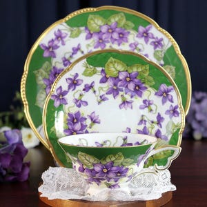 Mitterteich Trio, Footed Teacup, Saucer & Side Plate, Purple Violets 18448