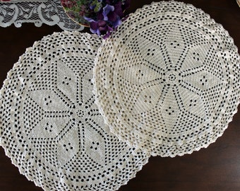 2 Vintage Crochet Doilies - Matching Set of Cream Doilies 16199