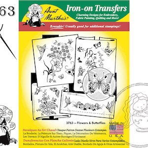 3763 Aunt Martha&#39;s® Vintage Embroidery, Flowers & Butterflies, Transfer Pattern, Hot Iron Transfers, Uncut, Unopened Transfers