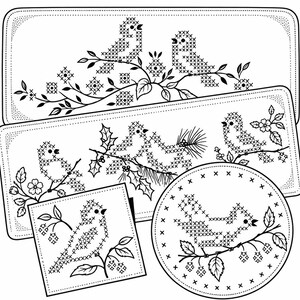 May include: A collection of four white fabric pieces featuring black cross-stitch embroidery patterns of birds perched on branches with leaves, berries, and holly, presented in rectangular, square, and circular shapes.