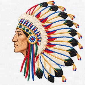 May include: An intricate embroidery design depicting the profile of a person wearing a large, colorful feathered headdress. The headdress features white, red, black, and green feathers with yellow accents and small blue and red beads at the tips.