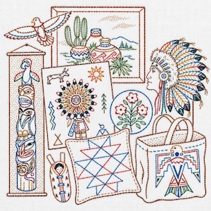 May include: A multi-motif embroidery pattern on white fabric featuring a totem pole, a desert landscape, a person in a feathered headdress, a floral circle, a geometric pillow, a cradleboard, and a tote bag with a stylized eagle design.
