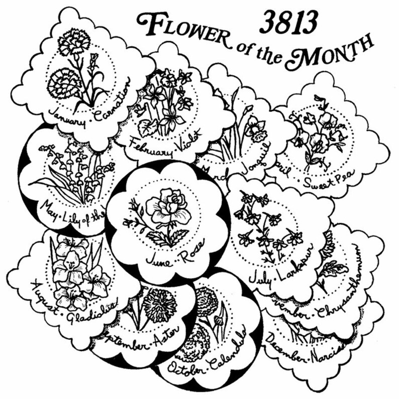 Flower of the Month, 3813, Aunt Martha's®, Vintage Embroidery, Transfer Pattern, Hot Iron